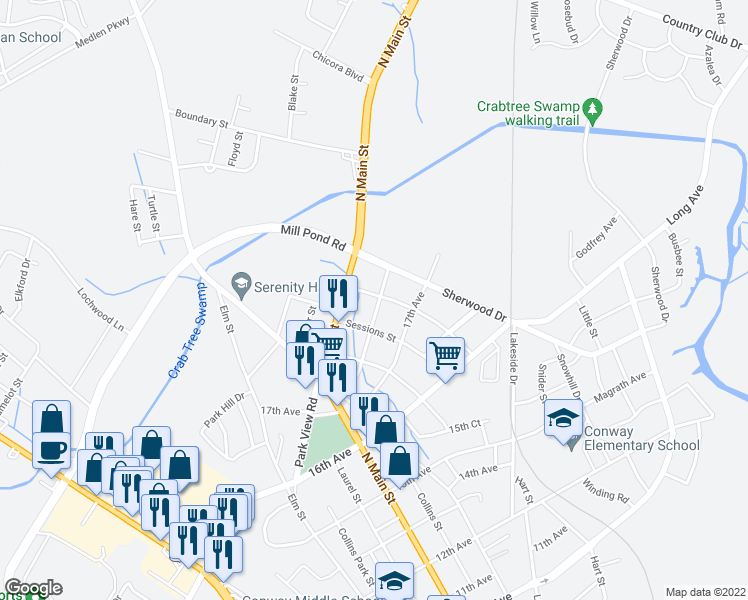 map of restaurants, bars, coffee shops, grocery stores, and more near 600 18th Avenue in Conway