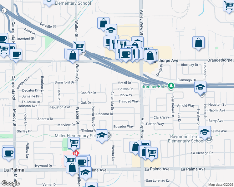 map of restaurants, bars, coffee shops, grocery stores, and more near 5785 Rio Way in Buena Park