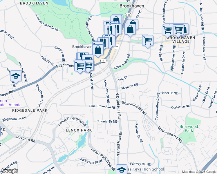 map of restaurants, bars, coffee shops, grocery stores, and more near 1188 Thornwell Drive Northeast in Atlanta