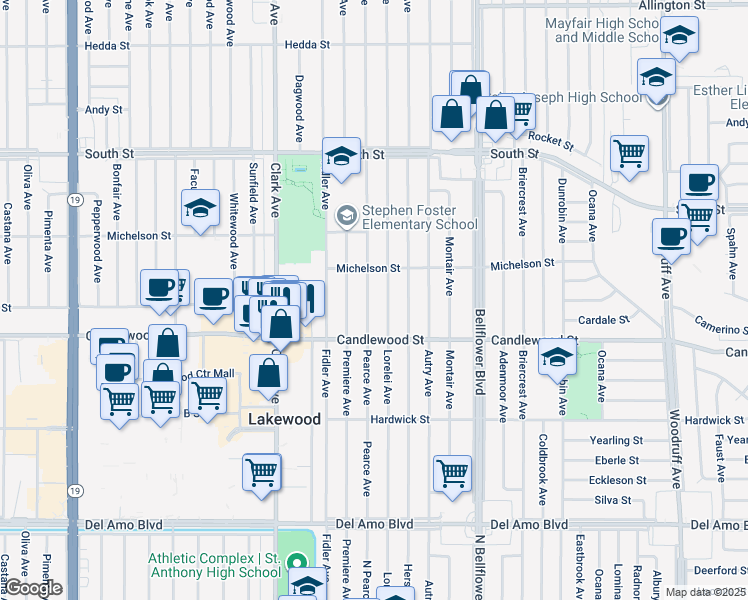 map of restaurants, bars, coffee shops, grocery stores, and more near 5404 Pearce Avenue in Lakewood