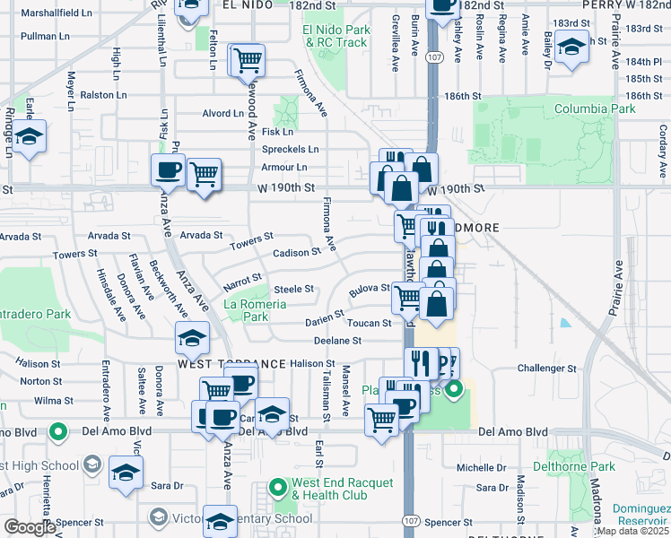 map of restaurants, bars, coffee shops, grocery stores, and more near 4606 Narrot Street in Torrance