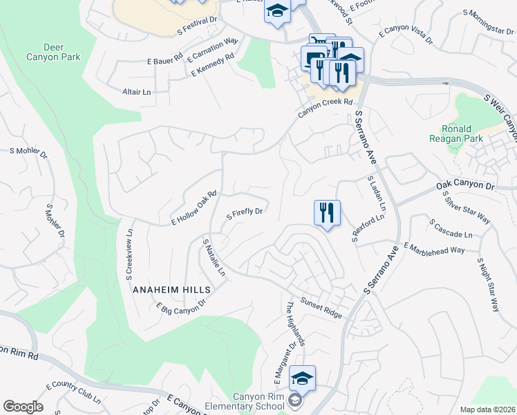 map of restaurants, bars, coffee shops, grocery stores, and more near 911 South Firefly Drive in Anaheim