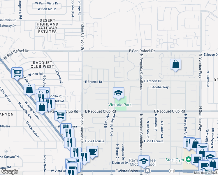 map of restaurants, bars, coffee shops, grocery stores, and more near North Starr Road & East Laurel Circle in Palm Springs