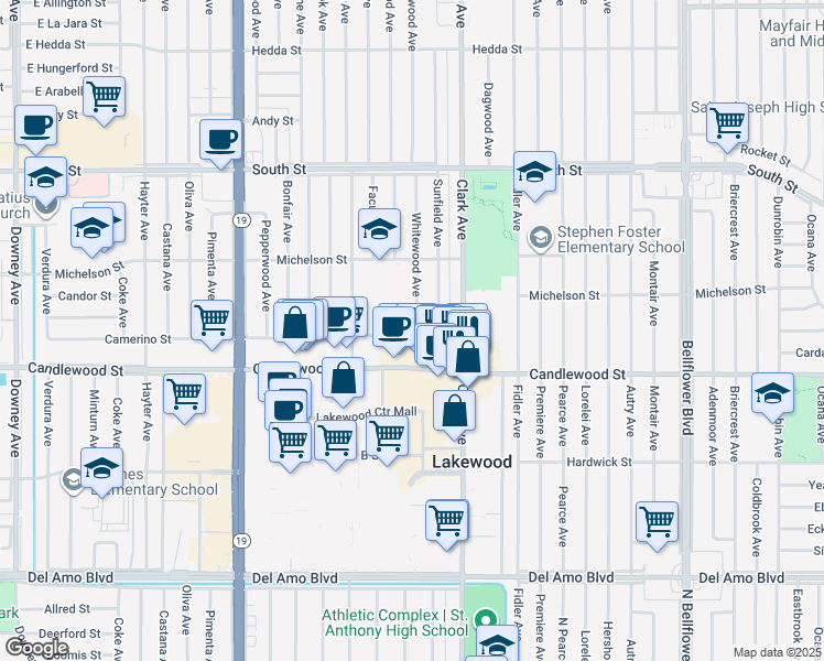 map of restaurants, bars, coffee shops, grocery stores, and more near 5403 Whitewood Avenue in Lakewood