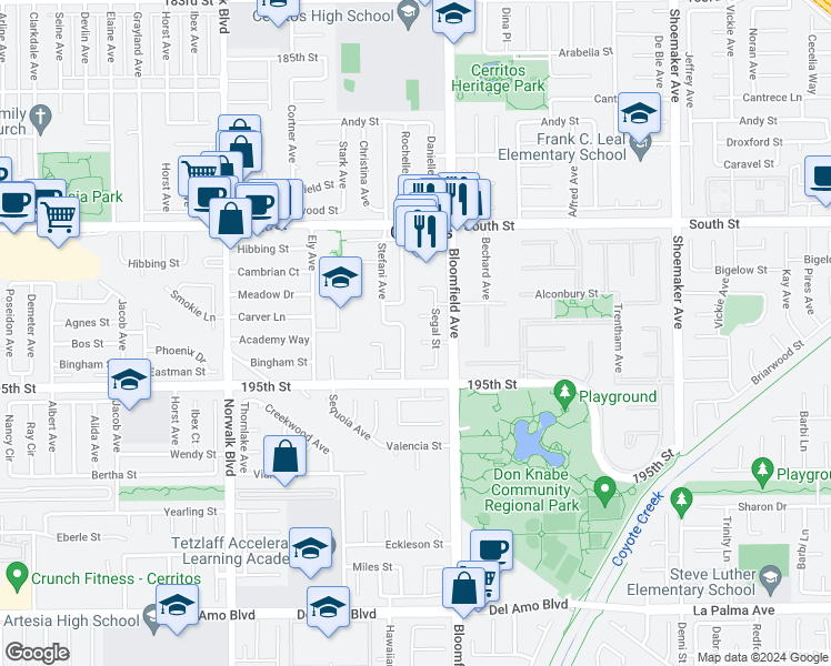 map of restaurants, bars, coffee shops, grocery stores, and more near 12527 Pacino Street in Cerritos