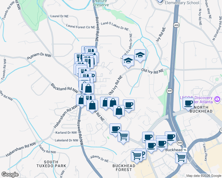 map of restaurants, bars, coffee shops, grocery stores, and more near 150 Old Ivy Road Northeast in Atlanta
