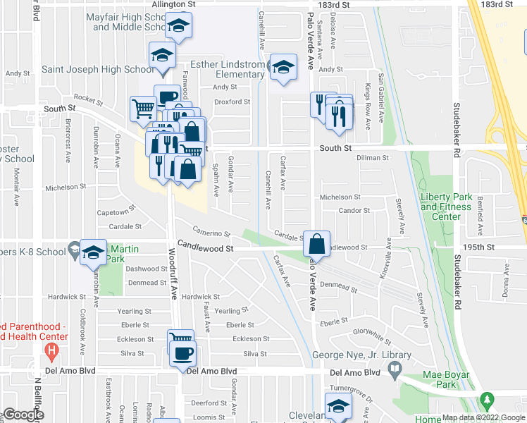 map of restaurants, bars, coffee shops, grocery stores, and more near 5403 Canehill Avenue in Lakewood