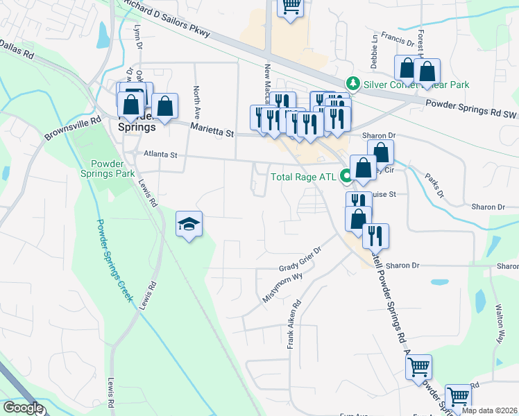 map of restaurants, bars, coffee shops, grocery stores, and more near 4047 Mistymorn Lane in Powder Springs