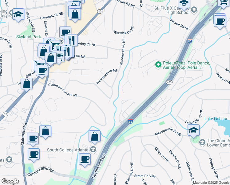 map of restaurants, bars, coffee shops, grocery stores, and more near 2381 Woodacres Road Northeast in Atlanta