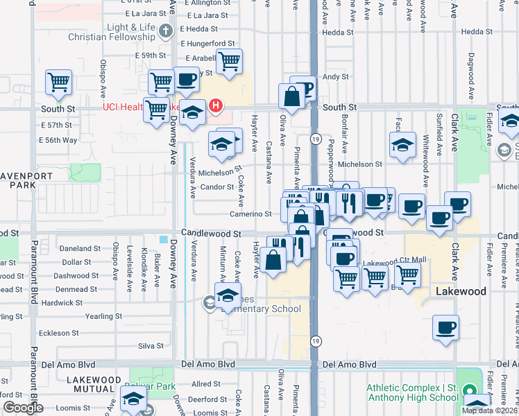 map of restaurants, bars, coffee shops, grocery stores, and more near 5408 Hayter Avenue in Lakewood