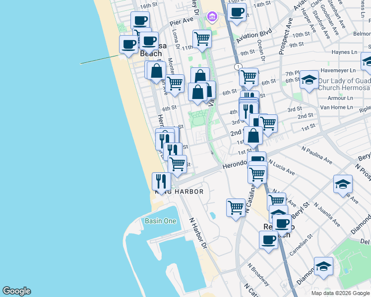 map of restaurants, bars, coffee shops, grocery stores, and more near 222 2nd Street in Hermosa Beach