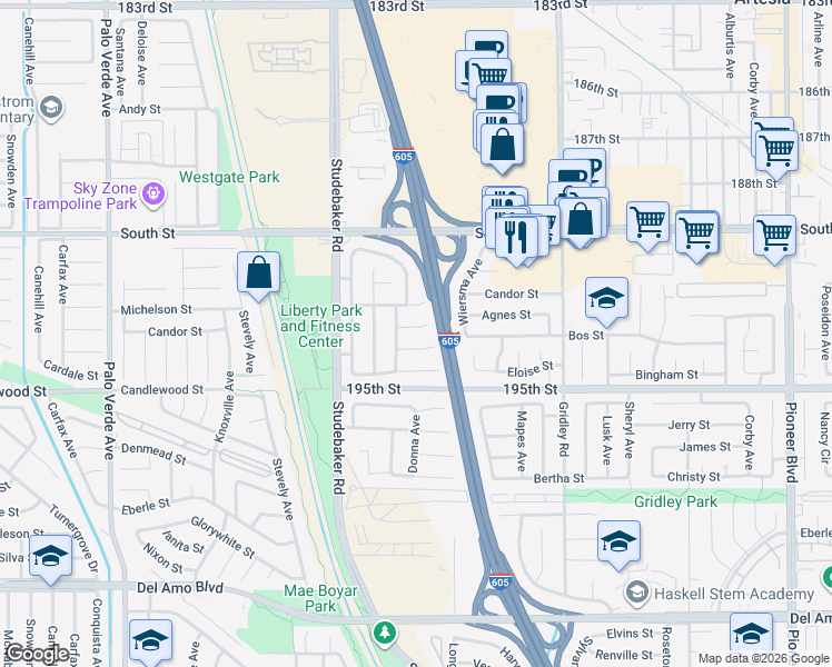 map of restaurants, bars, coffee shops, grocery stores, and more near 11120 Agnes Place in Cerritos