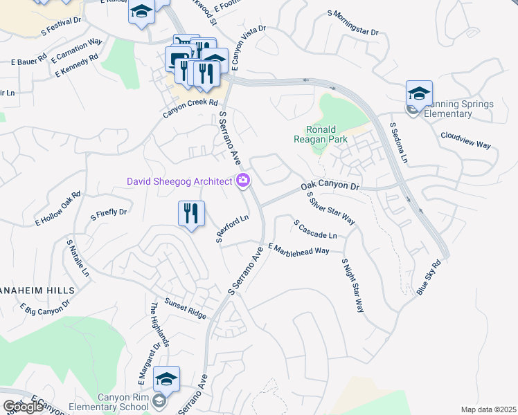 map of restaurants, bars, coffee shops, grocery stores, and more near S Serrano Ave & Oak Canyon Dr in Anaheim