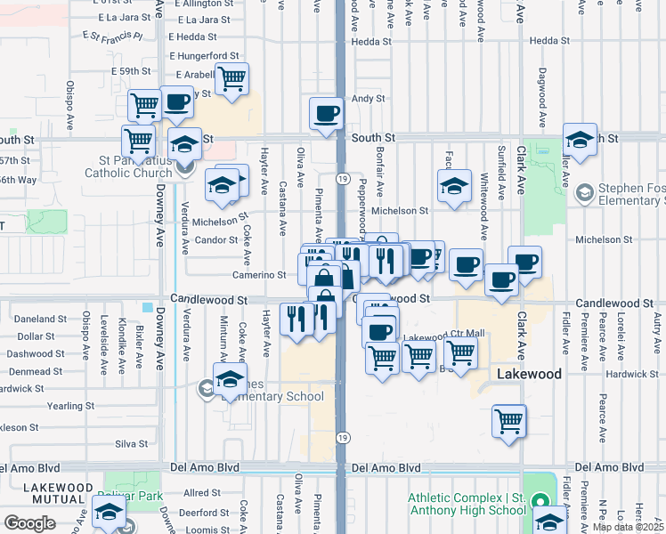map of restaurants, bars, coffee shops, grocery stores, and more near 5407 Lakewood Boulevard in Lakewood