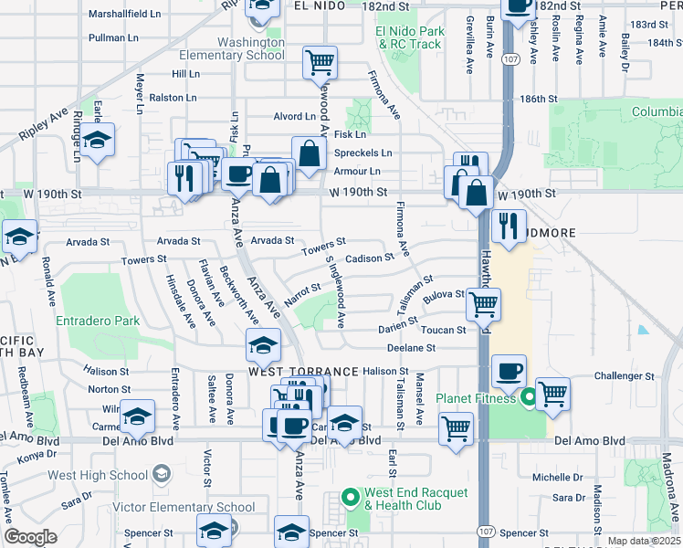 map of restaurants, bars, coffee shops, grocery stores, and more near 4739 Narrot Street in Torrance