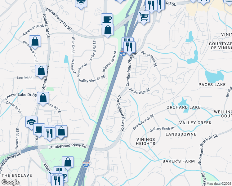 map of restaurants, bars, coffee shops, grocery stores, and more near 4051 Orchard Road Southeast in Atlanta