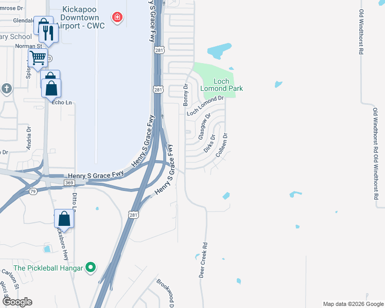 map of restaurants, bars, coffee shops, grocery stores, and more near 204 Dirks Drive in Wichita Falls