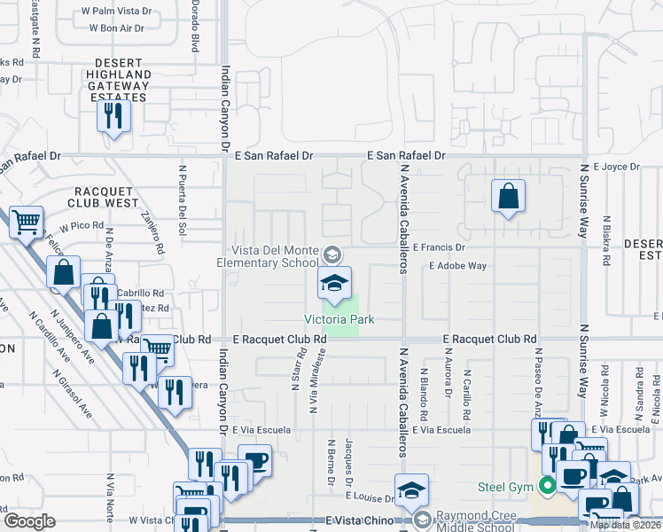 map of restaurants, bars, coffee shops, grocery stores, and more near 2744 North Vía Miraleste in Palm Springs