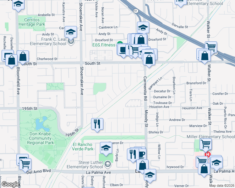 map of restaurants, bars, coffee shops, grocery stores, and more near 19324 Kay Avenue in Cerritos