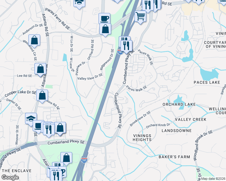 map of restaurants, bars, coffee shops, grocery stores, and more near 4051 Orchard Road Southeast in Atlanta