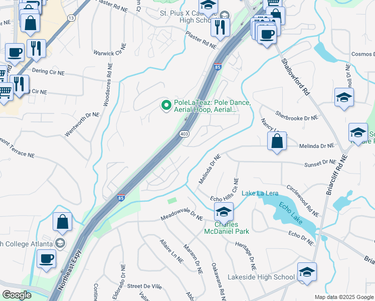 map of restaurants, bars, coffee shops, grocery stores, and more near 2510 Peachwood Circle Northeast in Atlanta