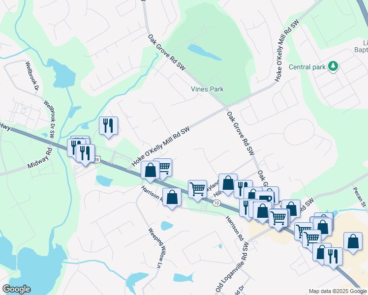 map of restaurants, bars, coffee shops, grocery stores, and more near 3450 Garden Walk Lane Southwest in Loganville
