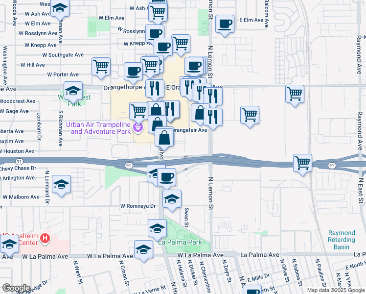 map of restaurants, bars, coffee shops, grocery stores, and more near 1611 South Pomona Avenue in Fullerton