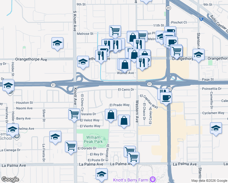 map of restaurants, bars, coffee shops, grocery stores, and more near 7426 El Camino Circle in Buena Park