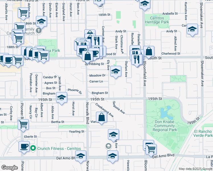 map of restaurants, bars, coffee shops, grocery stores, and more near 12325 Academy Way in Artesia
