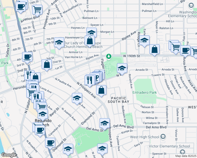 map of restaurants, bars, coffee shops, grocery stores, and more near 1303 Beryl Street in Redondo Beach