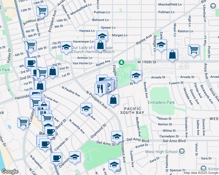 map of restaurants, bars, coffee shops, grocery stores, and more near 1303 Beryl Street in Redondo Beach