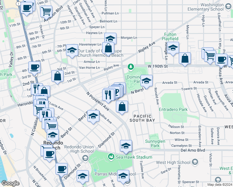 map of restaurants, bars, coffee shops, grocery stores, and more near 1303 Beryl Street in Redondo Beach