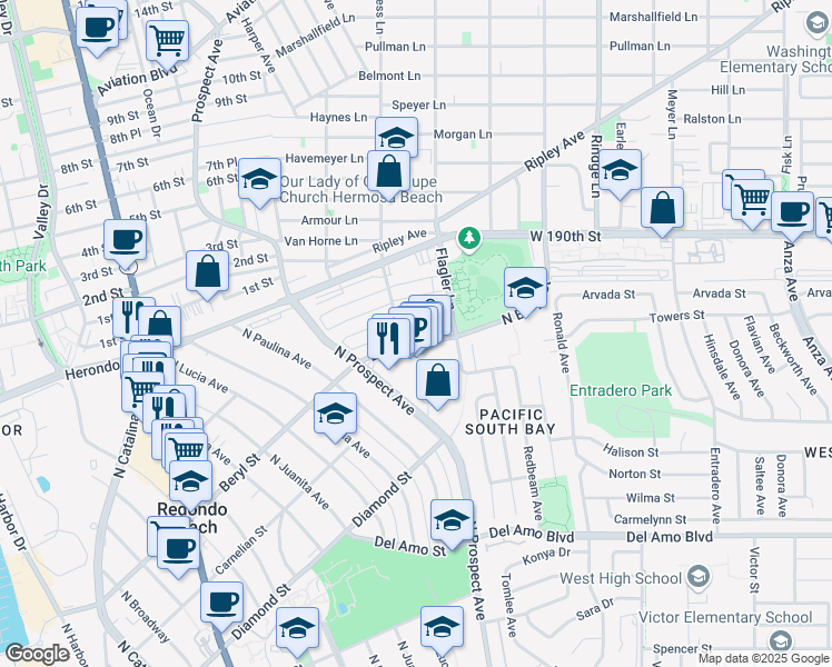 map of restaurants, bars, coffee shops, grocery stores, and more near 1303 Beryl Street in Redondo Beach