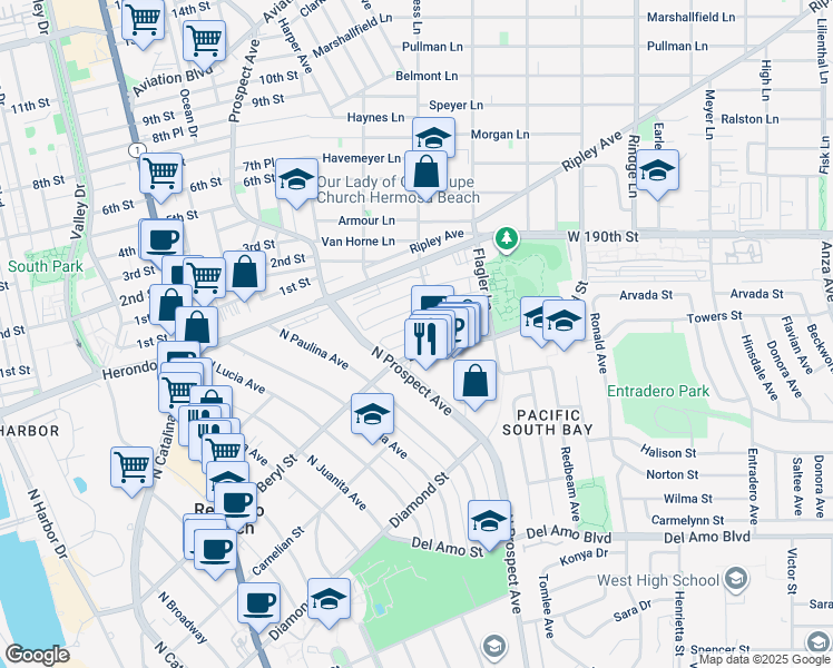 map of restaurants, bars, coffee shops, grocery stores, and more near 1216 Amethyst Street in Redondo Beach