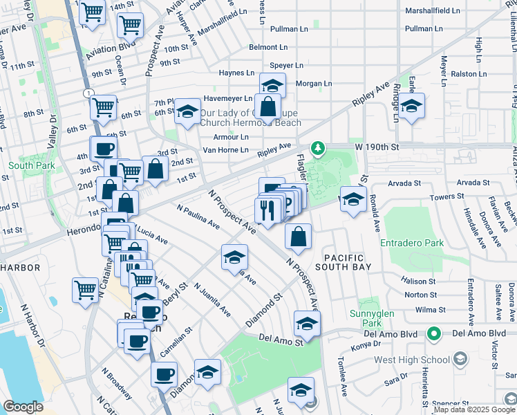map of restaurants, bars, coffee shops, grocery stores, and more near 1216 Amethyst Street in Redondo Beach