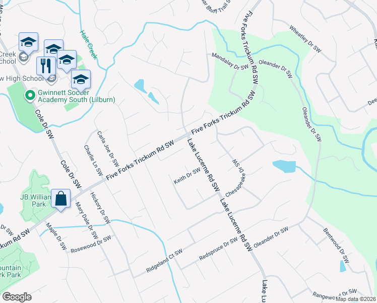 map of restaurants, bars, coffee shops, grocery stores, and more near 4520 Parkview Walk Drive in Lilburn
