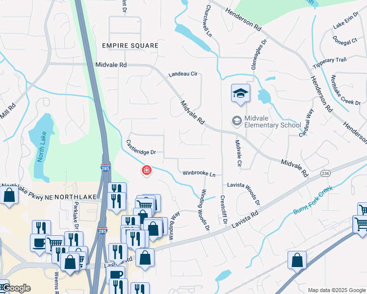 map of restaurants, bars, coffee shops, grocery stores, and more near 3635 Norwich Drive in Tucker