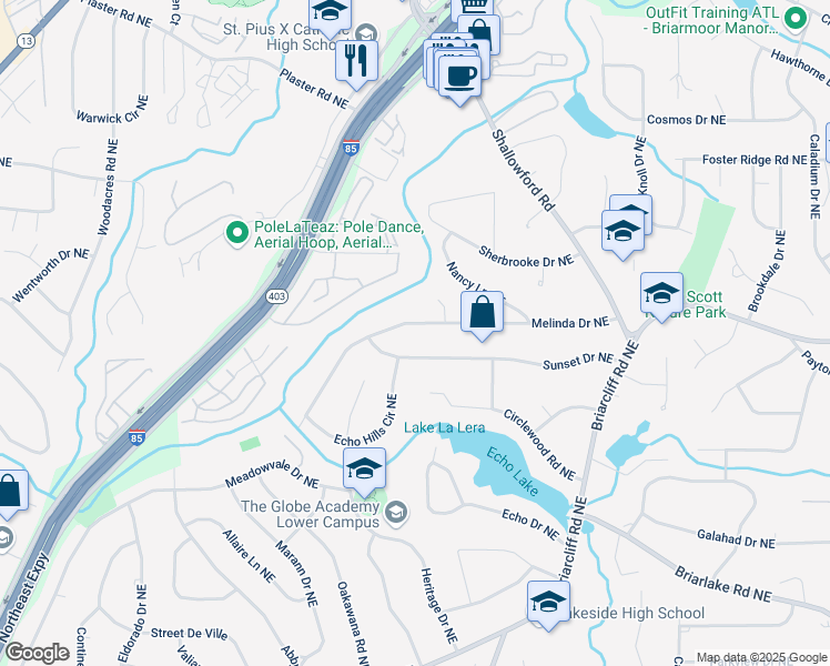 map of restaurants, bars, coffee shops, grocery stores, and more near 2423 Melinda Drive Northeast in Atlanta