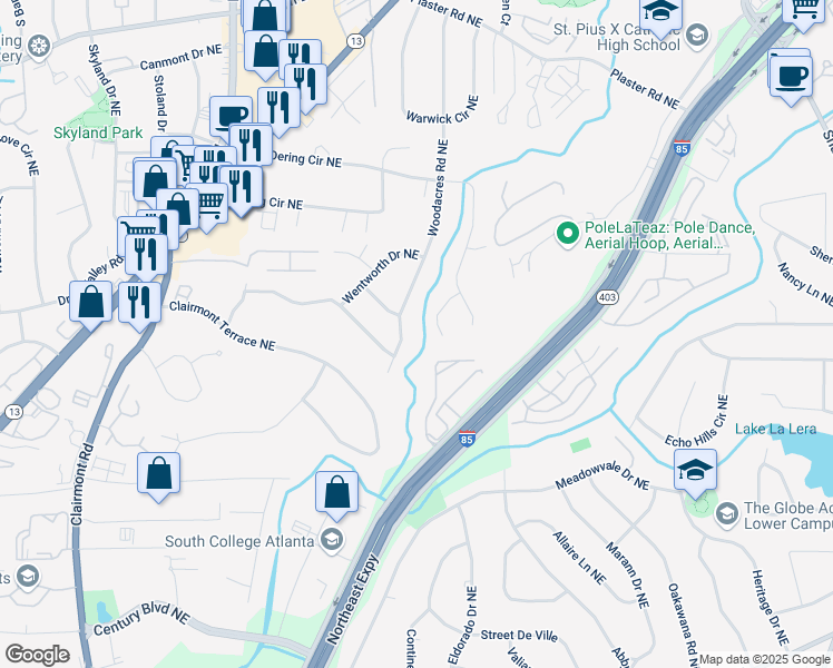 map of restaurants, bars, coffee shops, grocery stores, and more near 2381 Woodacres Road Northeast in Atlanta