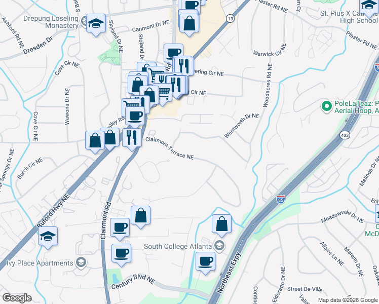 map of restaurants, bars, coffee shops, grocery stores, and more near 1978 Clairmont Terrace Northeast in Atlanta