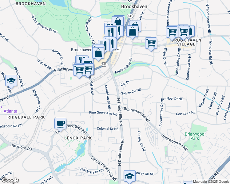 map of restaurants, bars, coffee shops, grocery stores, and more near 1303 North Druid Hills Road Northeast in Atlanta