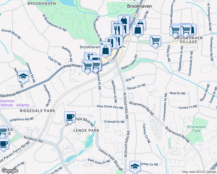 map of restaurants, bars, coffee shops, grocery stores, and more near 1160 Thornwell Drive Northeast in Atlanta