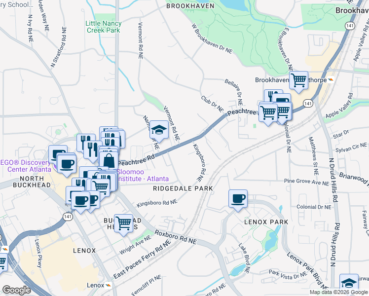 map of restaurants, bars, coffee shops, grocery stores, and more near 3707 Peachtree Road Northeast in Atlanta