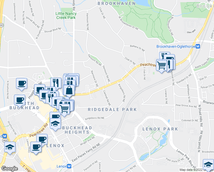 map of restaurants, bars, coffee shops, grocery stores, and more near 3707 Peachtree Road Northeast in Atlanta