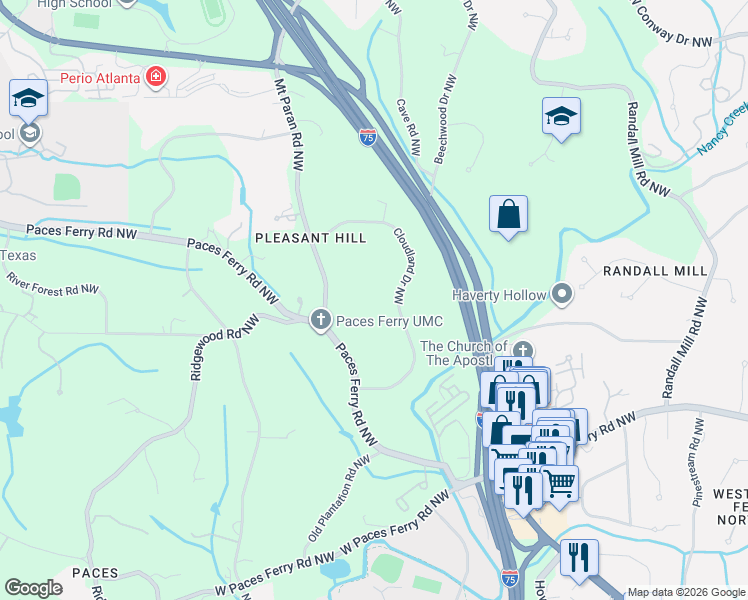 map of restaurants, bars, coffee shops, grocery stores, and more near 2338 Mount Paran Road Northwest in Atlanta