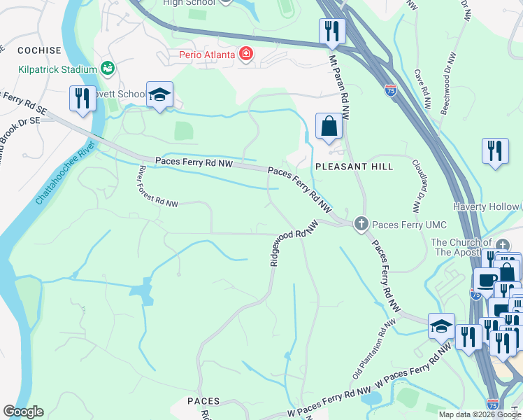 map of restaurants, bars, coffee shops, grocery stores, and more near 3666 Nancy Creek Road Northwest in Atlanta