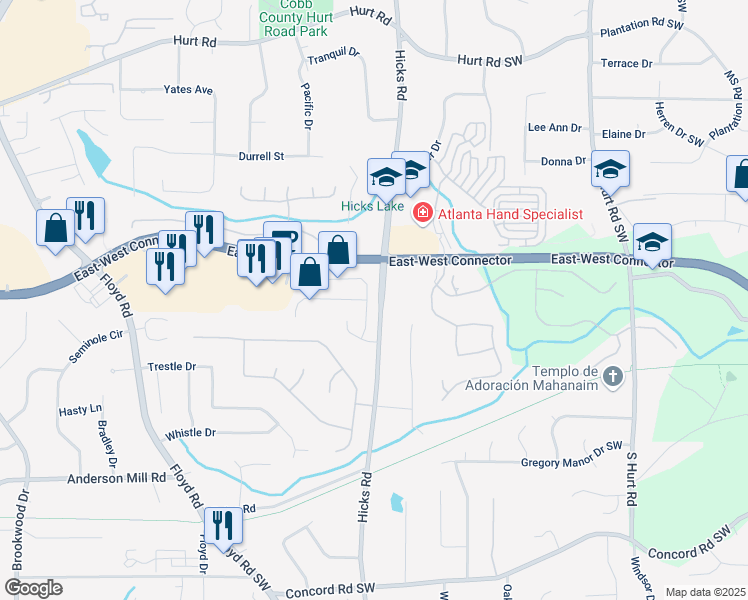 map of restaurants, bars, coffee shops, grocery stores, and more near 3869 Merryweather Trail in Austell