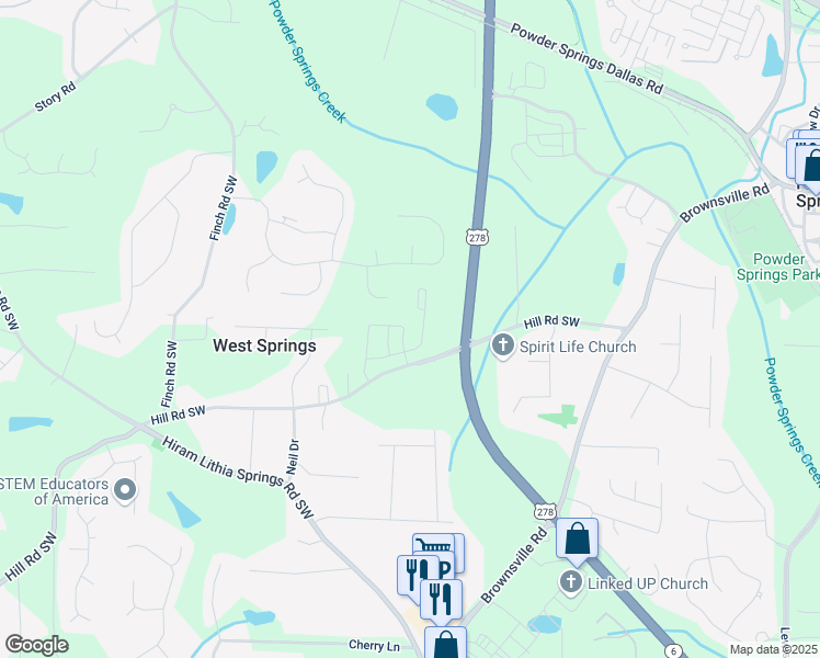 map of restaurants, bars, coffee shops, grocery stores, and more near 4085 Hillmont Lane in Powder Springs