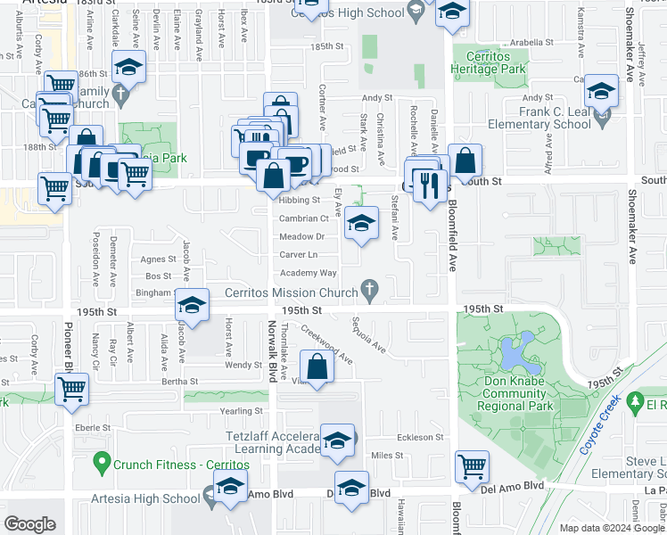 map of restaurants, bars, coffee shops, grocery stores, and more near 12325 Academy Way in Artesia