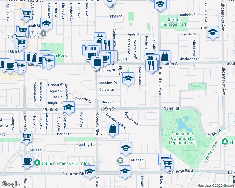 map of restaurants, bars, coffee shops, grocery stores, and more near 12321 194th Street in Artesia